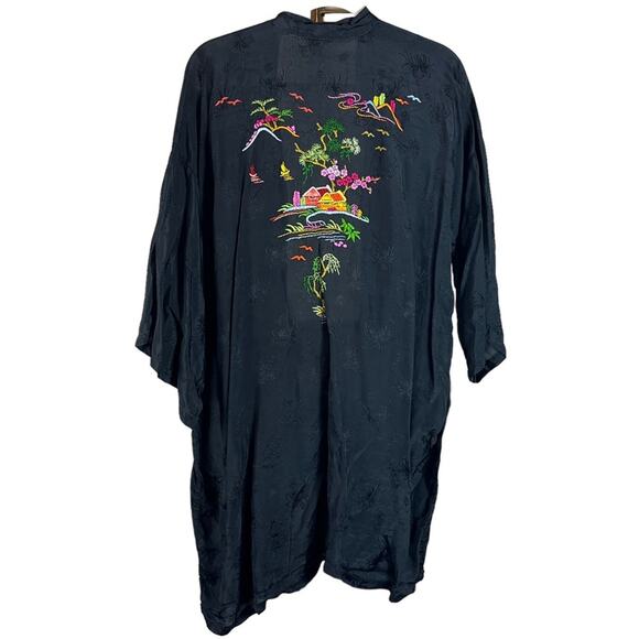 Vintage | Oriental Embroidered Kimono Robe Jacket Cover Up Black Size Medium - Picture 1 of 8